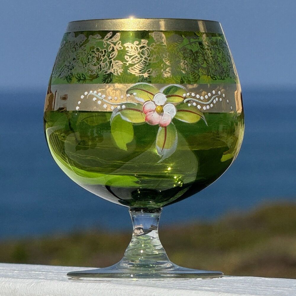 Vintage Hand Painted Green Glass Brandy Snifter Gold Floral Pedestal Goblet
